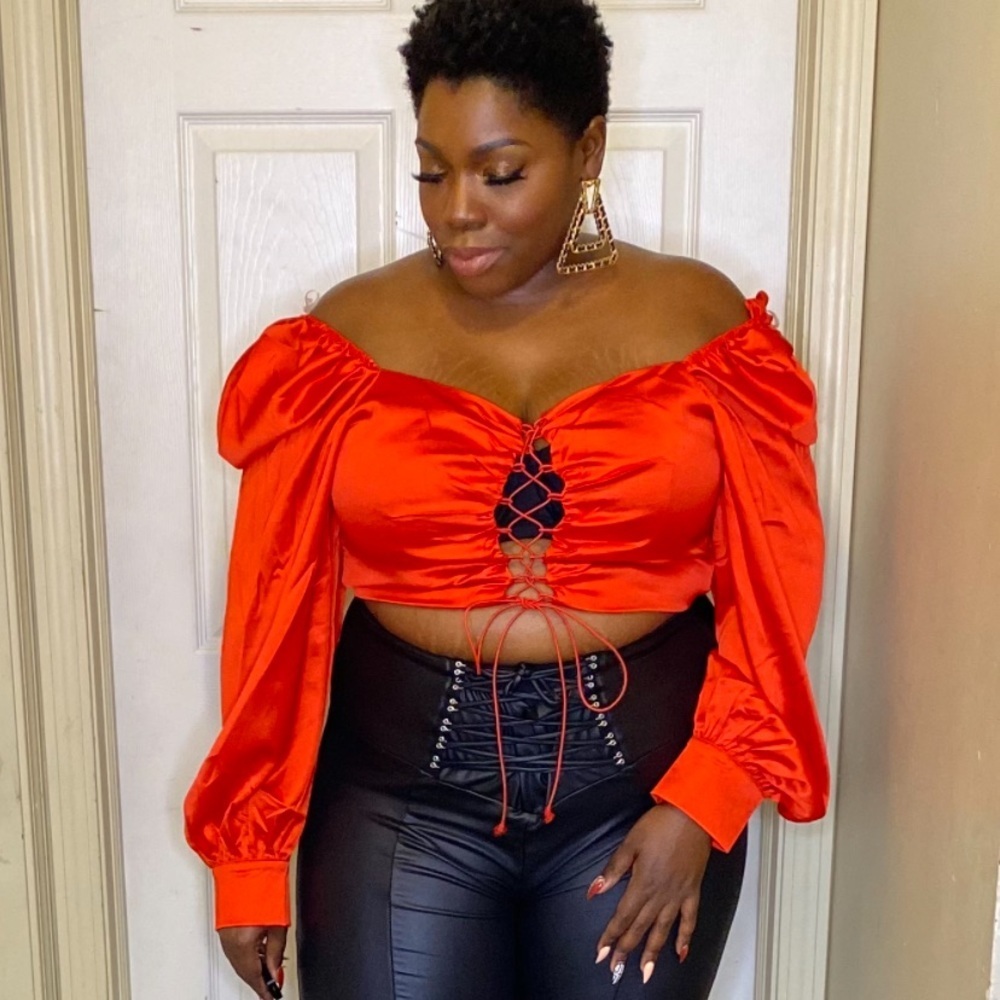 Satin Red Holiday lace up crop top plus size off shoulder - Picture 2 of 2